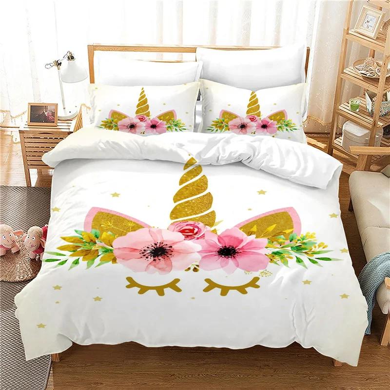 Lovely Unicorn Bedding Set For Kids Winter Duvet Cover Sets Blue Pink Cartoon Boy Girl Bed Linens 2/3 Pcs Ropa De Cama Cartoon