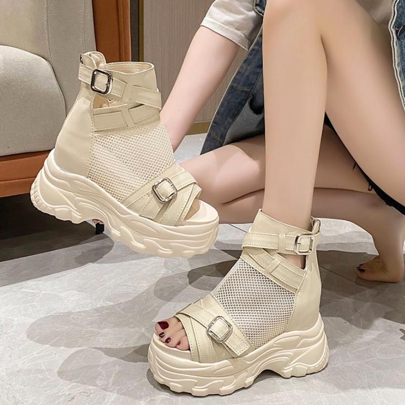 Dámské sandály Dámské módní černé sandály prodyšné síťované 6cm podpatky boty na platformě s přezkou sandály Dámské sandály na zip