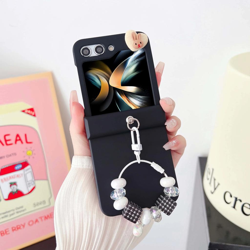 Cute Rabbit Bling Glitter Bead Wrist Strap Phone Case for Samsung Galaxy Z Flip 7 6 5 4 3 5G Hinge Protection Shockproof Cover