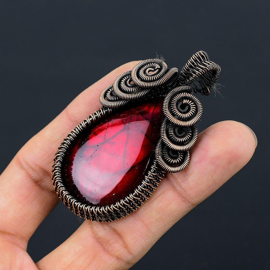 Red Labradorite Handmade Copper Wire Wrap Pendant Jewelry 2.64" j9W38