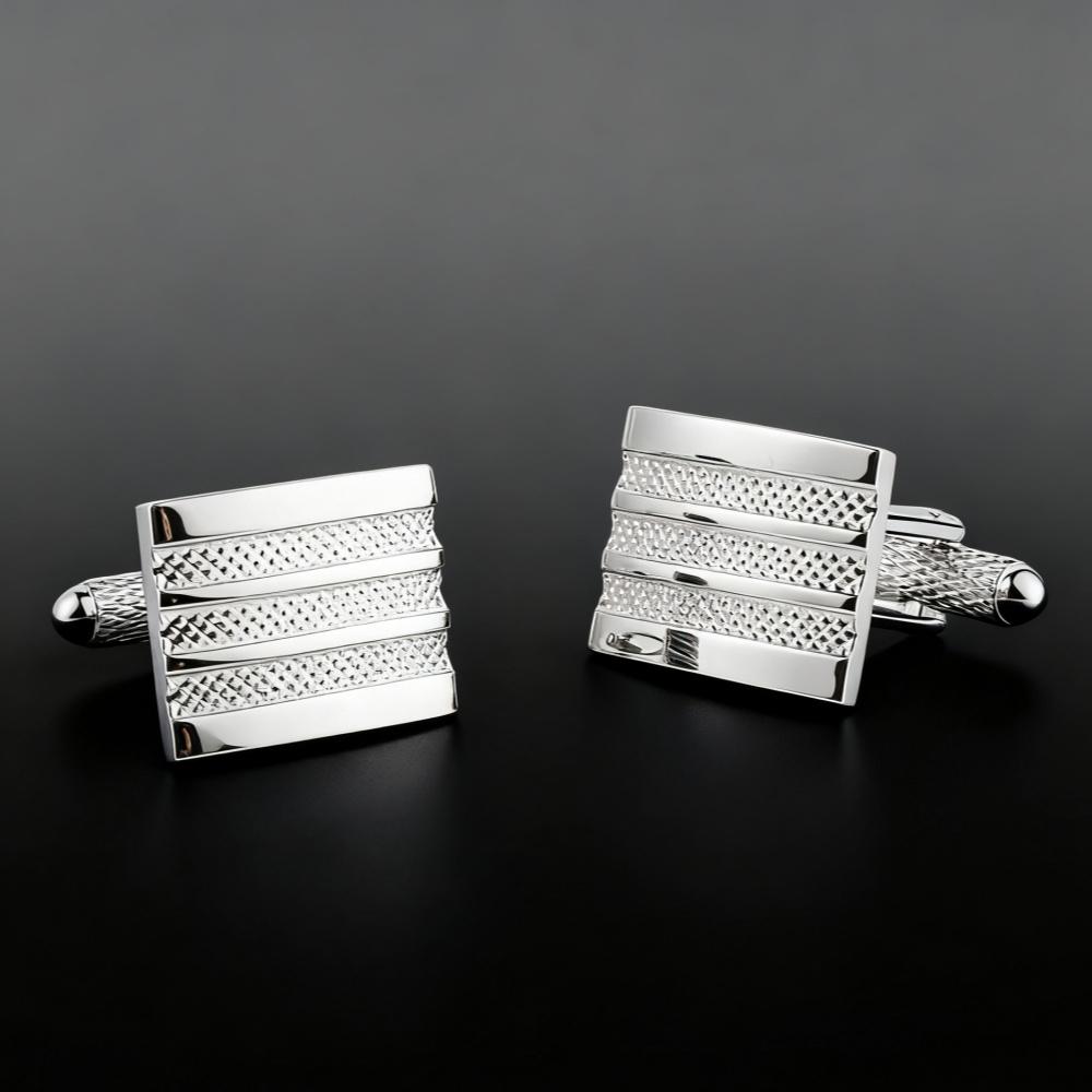 Men's Cufflink Set, Rectangular Silver Embossed Metal Design, Paired with Gift Box.
