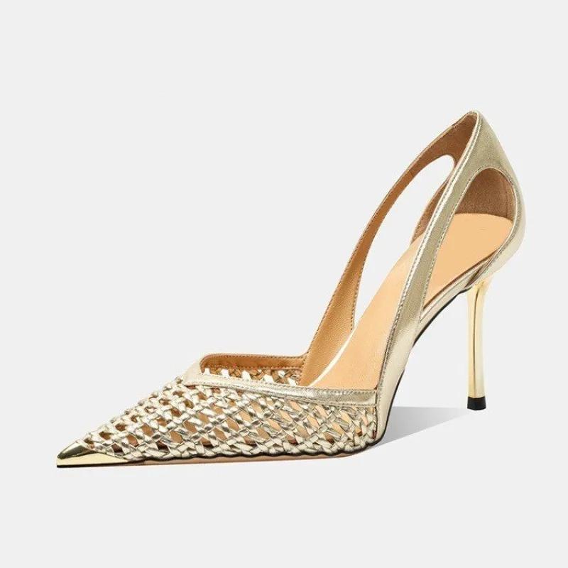 Woven Cutout Breathable Slip-on Non-Slip Heels Fashion Metallic Pointed Toe Stiletto Single Shoes