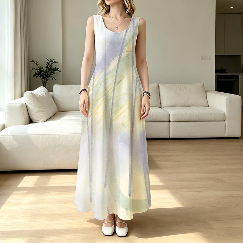 Loose Vacation Maxi Dress,Modern Brush Stroke Abstract Gradient Pattern Sleeveless Sundress
