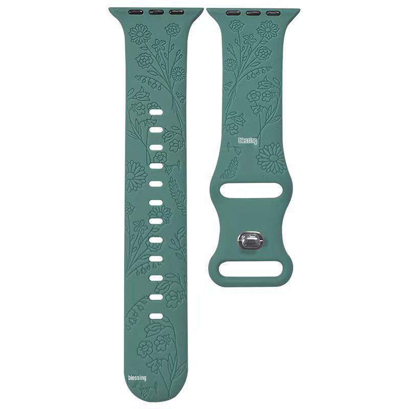 Applicable: Floral Monochrome Engraved Silicone Strap with 8-Character Buckle for Apple Watch 11