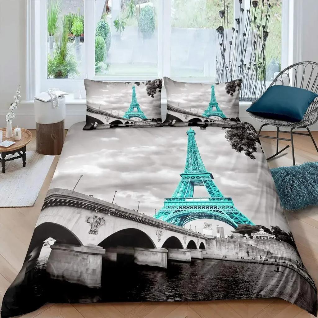 Eiffel Tower Comfortable Duvet Quilt Cover Pillowcase Bedding Set Children Bedroom Decoration Home Textile