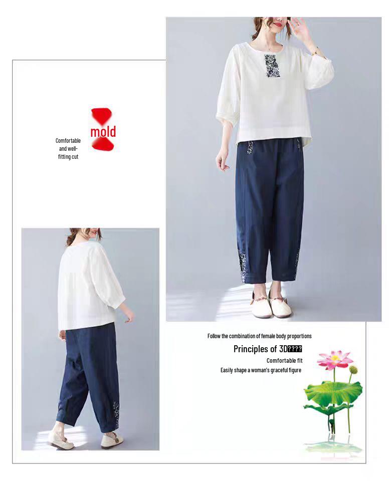 Korean Style Embroidered Cotton Linen Round Neck Mid-Sleeve Plus Size Women's T-Shirt