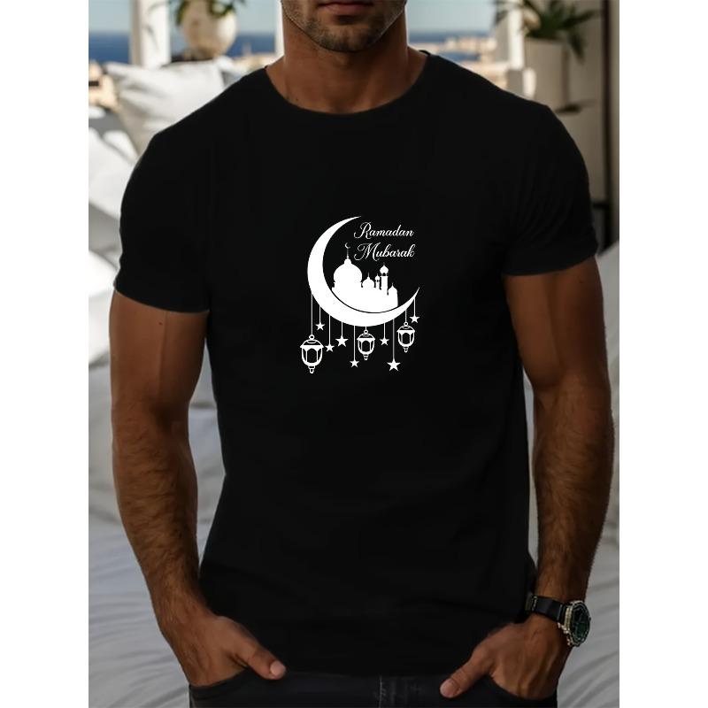 Мужская летняя повседневная футболка с круглым вырезом и коротким рукавом, европейский размер, с узором Мубарак для Рамадана, подарок на Ид, подарок на Рамадан S чёрный