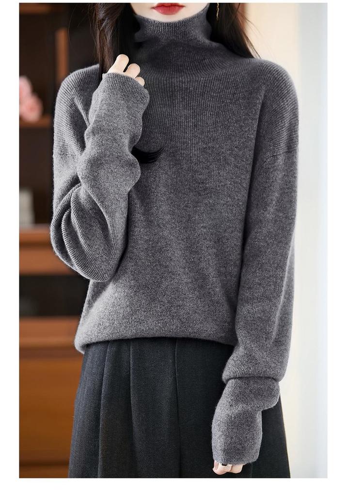 Women's High Neck Ribbed Wool Sweater - Loose Fit Plus Size, Autumn/Winter Knit Base Layer