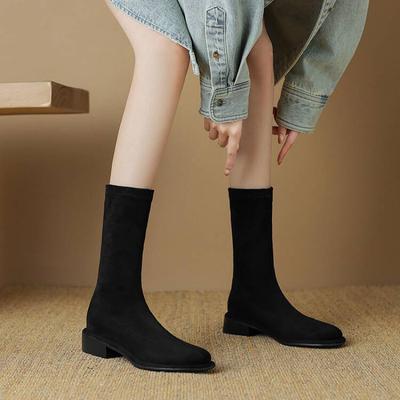 Autumn and Winter Comfortable Suede Elastic Medium Boots Women's Rubber Soles Square Heel Leather Boots Square Head Korean Version of the New Knig