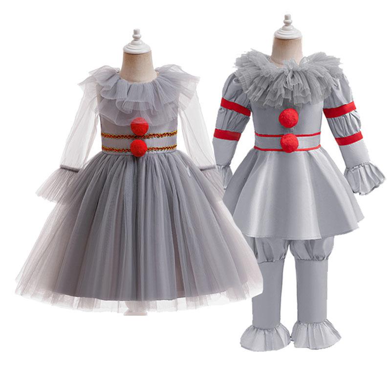 Kids Joker Cosplay Costume Horror Puff Sleeve Tulle Collar Pants Halloween Christmas