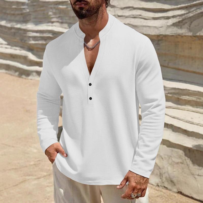 Men Long Sleeve Henley Shirt Casual Cotton Linen Blouse S белый