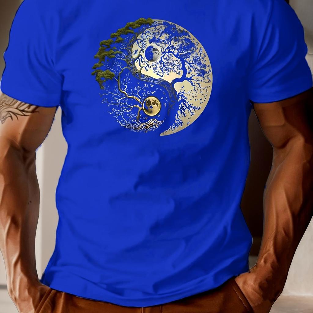 Men's summer casual loose sports yin-yang tree pattern print round neck short sleeved T-shirt top