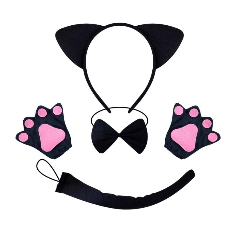 Cats Costume Set Includes Cats Tail Headband Bowtie Glove Skirt Halloween Catgirl Dress up Outfit for Kid Women Cosplay