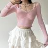 Women's Top Square Neck Lace Bow Long Sleeved Pleated T-shirt