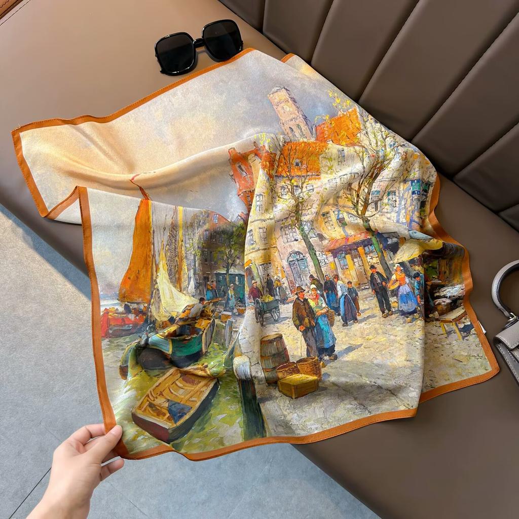 Retro Old Money Wind Silk Double Crepe Silk Scarf Women's Spring and Summer Senior Sense Versatile 100% Mulberry Silk Square Scarf Thin Scarf