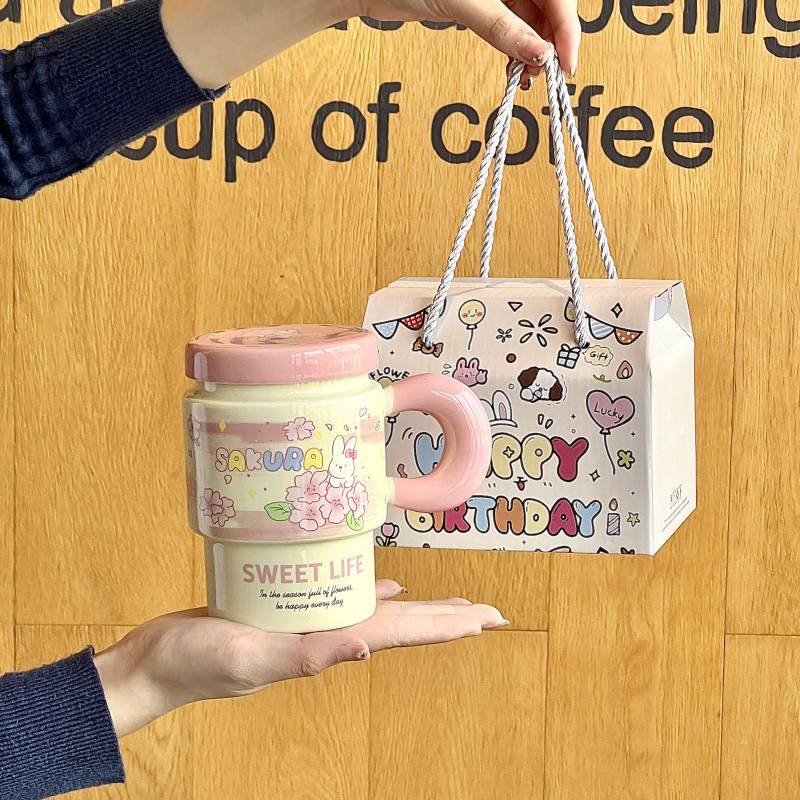 Cute Girl Cherry Blossom Rabbit Cup High-looking Ceramic Mug with Lid Spoon Office Breakfast Coffee Cup