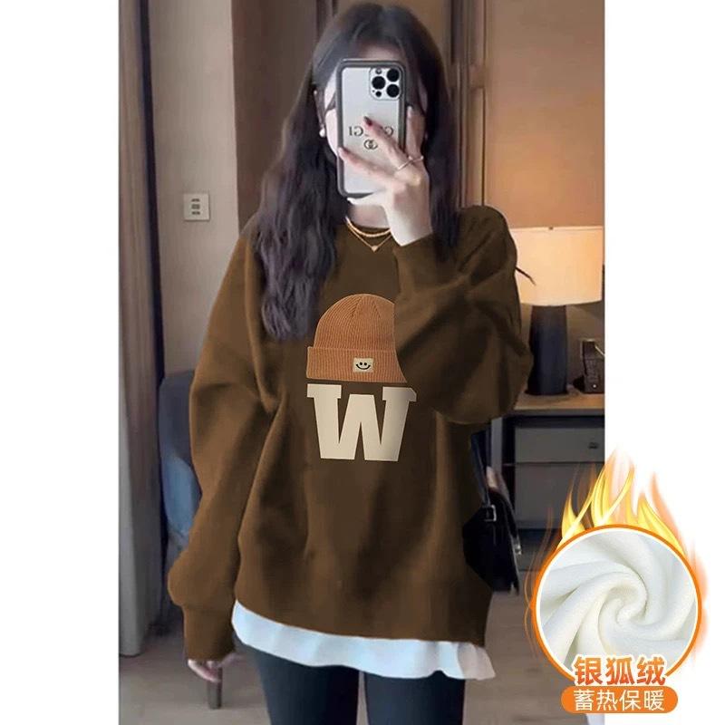 Women Crew Neck Mid-Length Sweatshirt Loose Fit Fleece Lined Letter Print No-Hood Pullover Fall Casual Top
