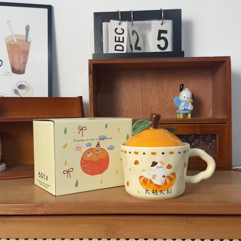 Daji Dali Orange Ceramic Cup with Lid Cute Cat Mug New Year Gift Coffee Cup Office Water Cup