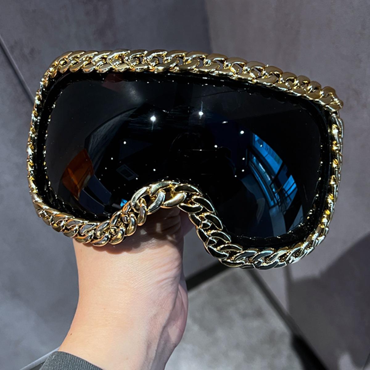 Ретро Футуристические Металлические Цепочные Панк Солнцезащитные Очки Для Женщин Стильные Оверсайз Очки Унисекс Модные Солнцезащитные Очки чёрный