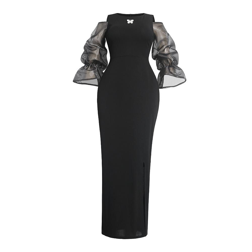 

2023 Европейское и американское черное сетчатое платье с рукавами-колокольчиками, приталенное, больших размеров, для африканских и мусульманских женщин Large чёрный