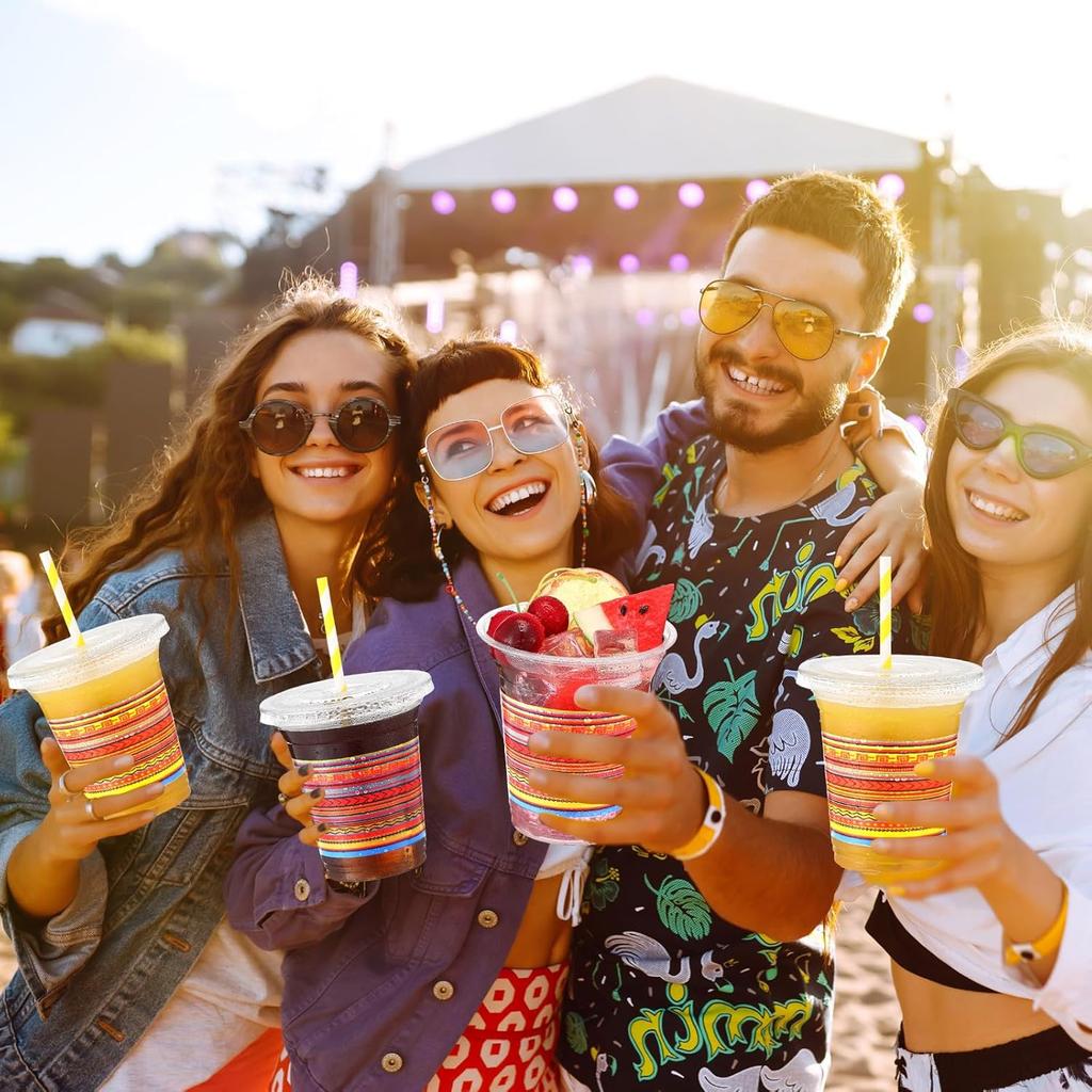 50 Pack 12 oz Fiesta Plastic Cups with Lids and Paper Straws Mexican Clear Disposable Cups Bulk Cinco De Mayo Party Decorations for Fiesta Taco