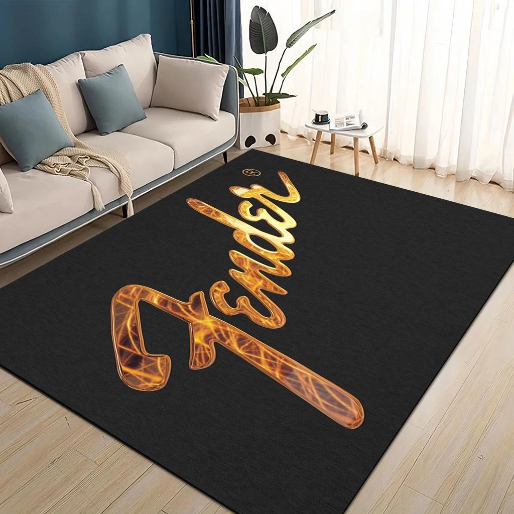 Alfombra 3D Retro con logo Fender para Instrumentos de Guitarra Música para Sala de Estar Dormitorio Hogar Decoración de Sofá, Alfombra de Piso Antideslizante para Niños