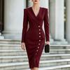 Women's V-Neck Long Sleeve Color Waist-Defining Bodycon Dress with Button