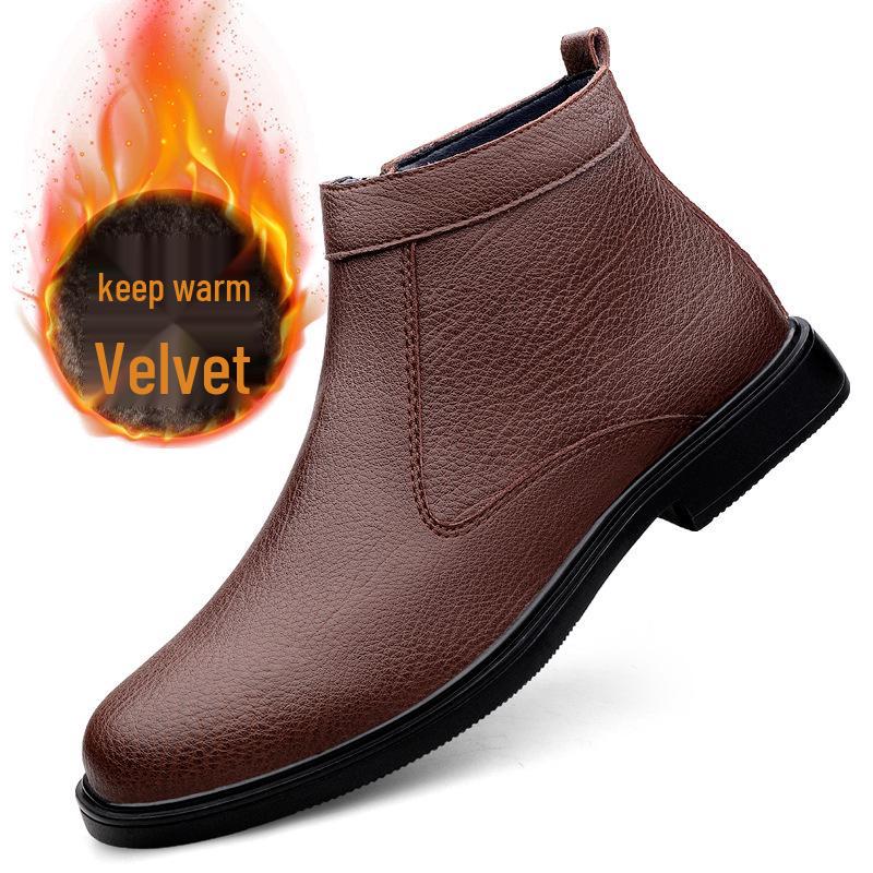 Men's Fashion High-Top Leather Slip-On Boots with Side Zipper, Plush Lined, Warm Cotton, Size 47