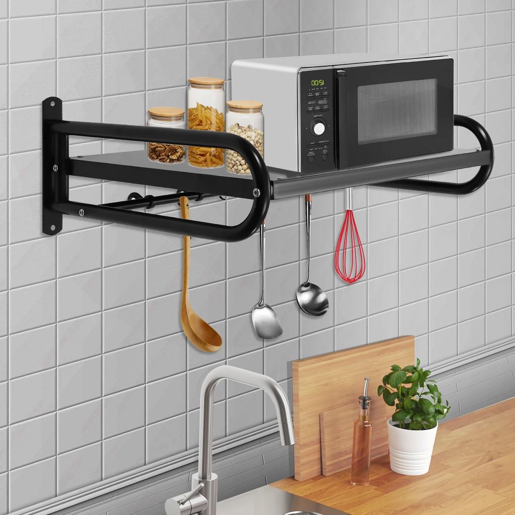 Support micro-ondes mural, Étagère de rangement de cuisine en acier au carbone avec 6 crochets, Support pour four 53*38*18 cm, Capacité de charge 30 kg