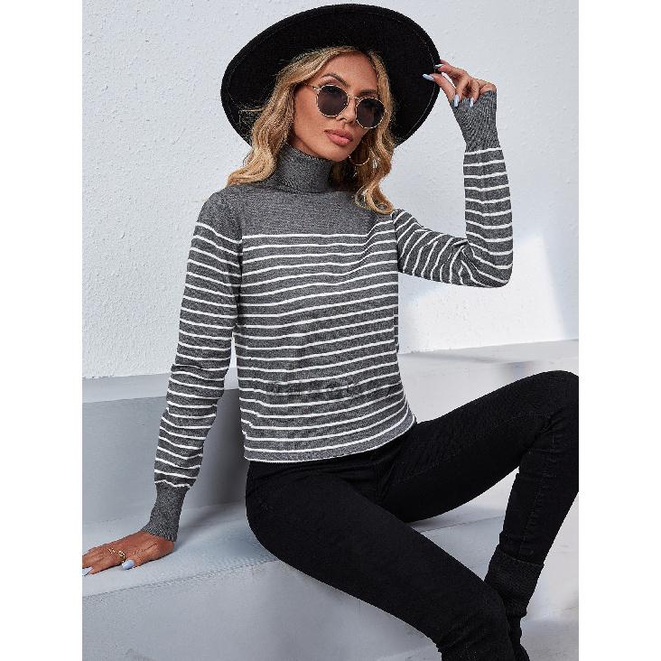 

2024 Европейский и Американский Осень-Зима Новый Полосатый Женский Свитер С Высоким Воротником Полосатый Пуловер Вязаный Свитер XL темно-серого