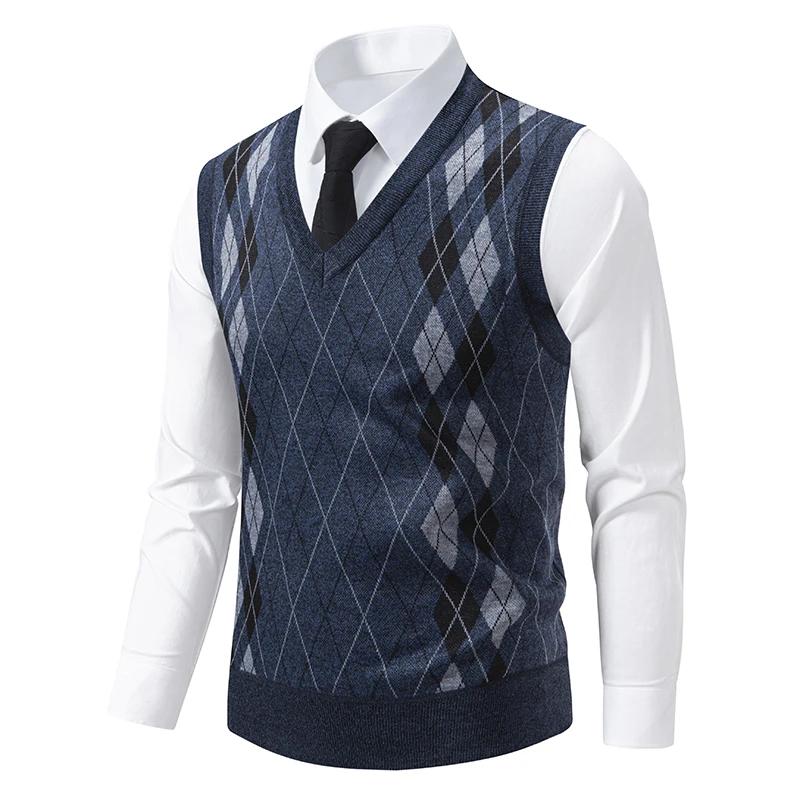 Men's Knitted Warm Sweater In Autumn and Winter V-neck Vest Diamond Grid Twisted Flower Casual Fashion Versatile Top