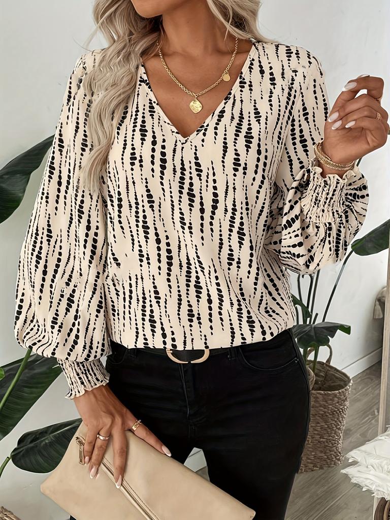 Women's Popular V-neck Leopard Print Loose Long-sleeved Casual Shirt, Chiffon Shirt, Top