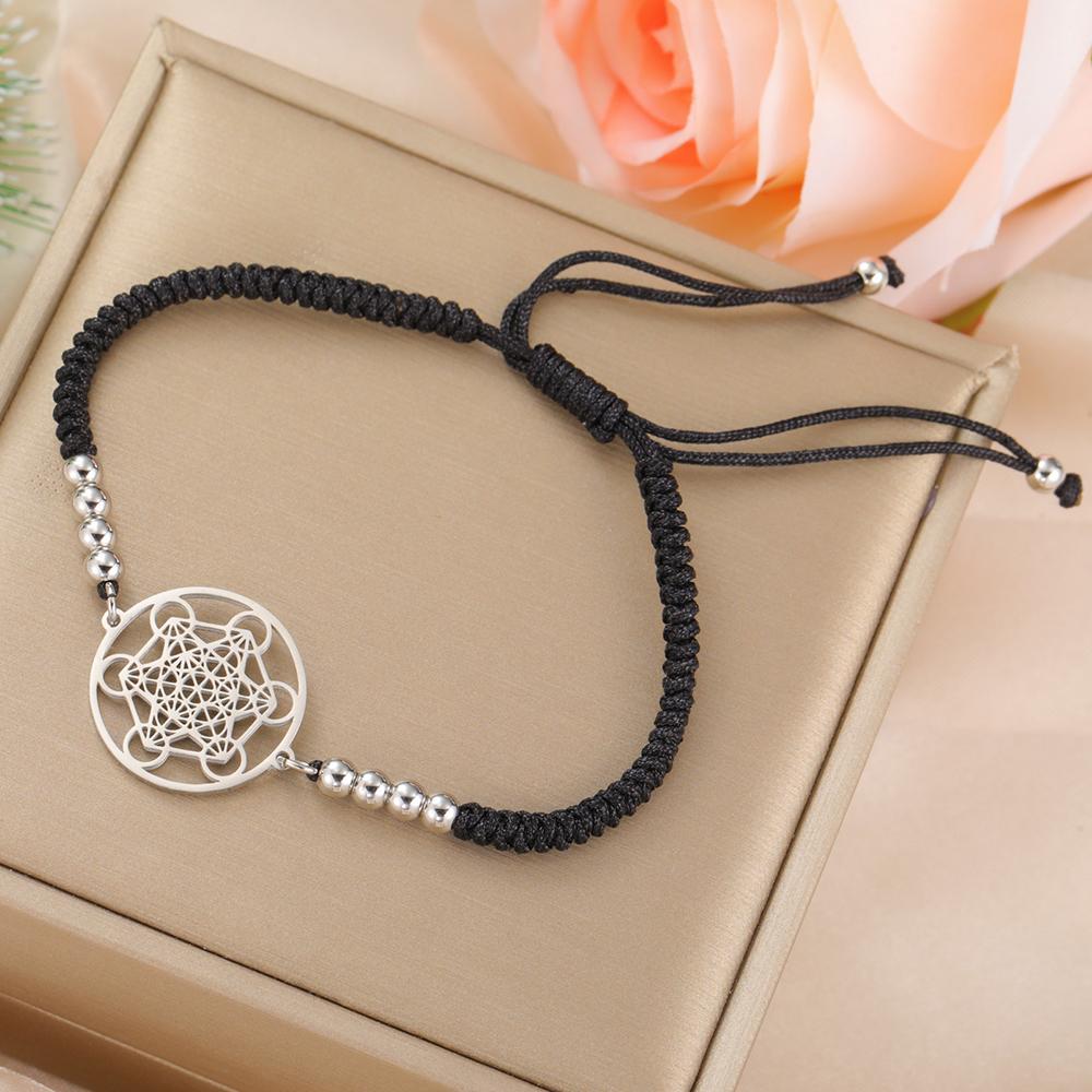 Dawapara Flower of Life Metatron Cube Bracelet for Women Men Adjustable Rope Chain Stainless Steel Charm Bracelet Couple Jewelry
