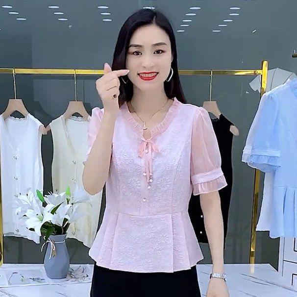 Camicia Chiffon Jacquard Floreale Donna Estate Manica Corta Vestibilità Ampia Top Casual Taglia Piccola Blusa alla Moda