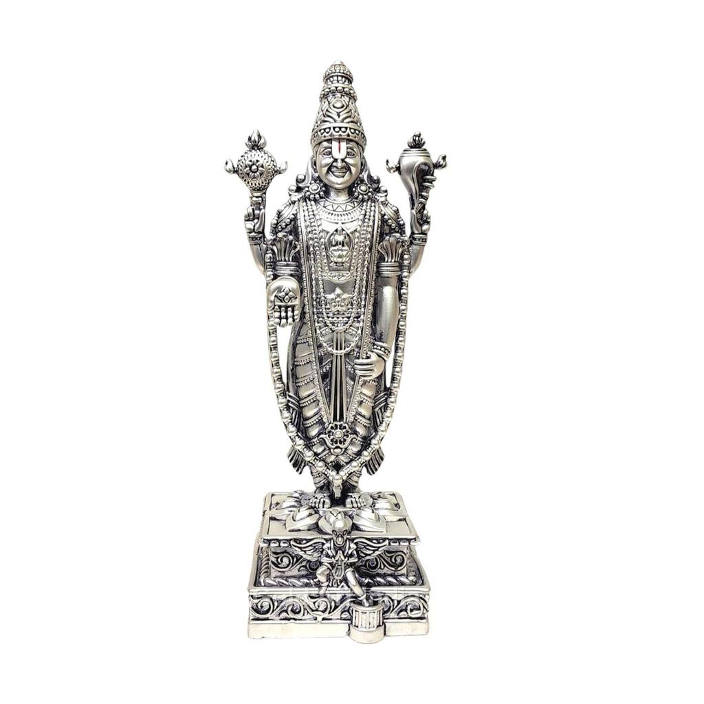 Lord Tirupati Balaji Silver  Matte Idol with Garuda for Car Dashboard | Vishnu Ji Idol for Office Desk | Venkateswara Swamy Murti for Home