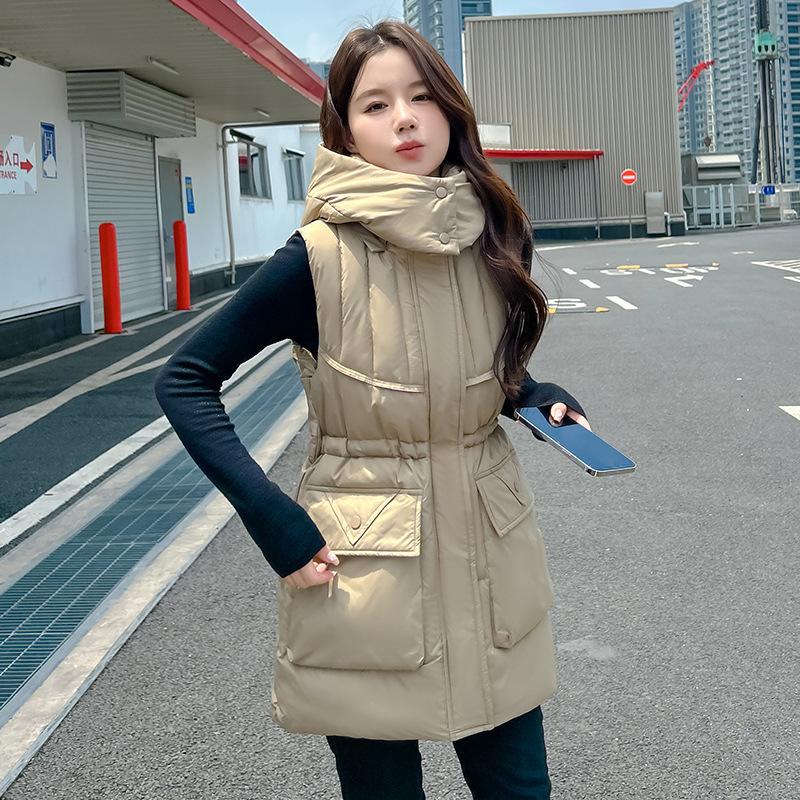 

Down cotton medium and long vest jacket loose autumn and winter new warm waist drawstring vest jacket XXL хаки