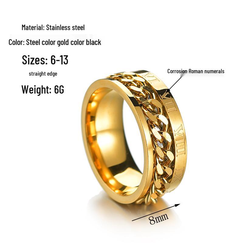 8MM Titanová ocel Otočný Římský číselný řetízkový prsten pro muže