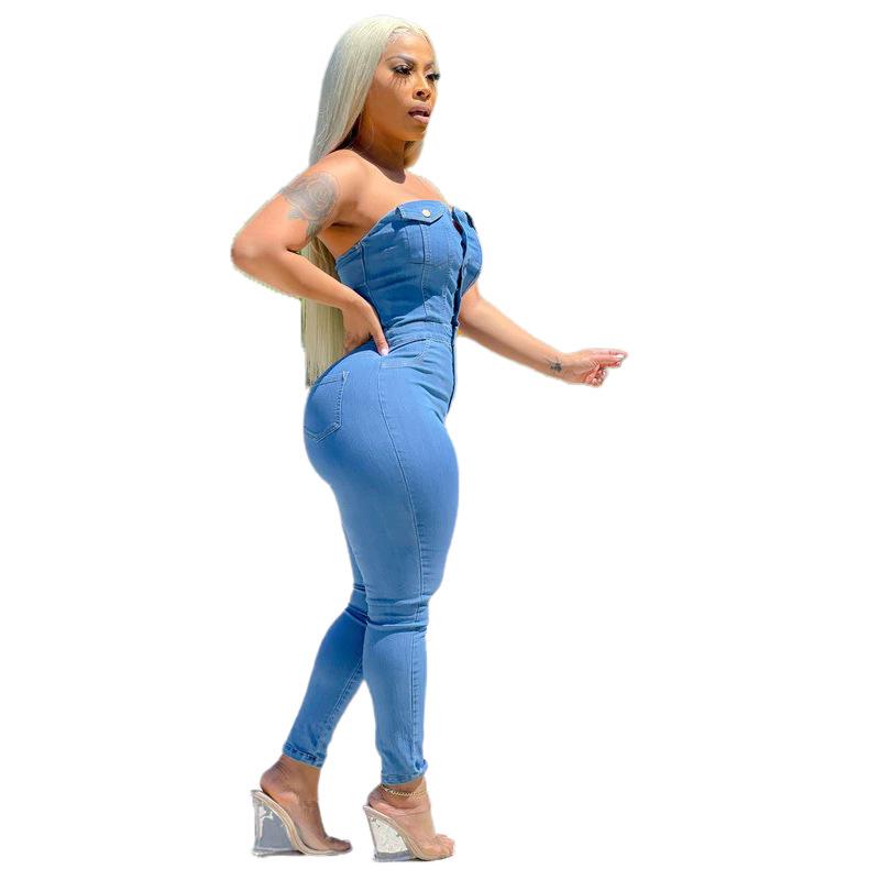 European American Strapless Slim Fit Denim Jumpsuit for Women