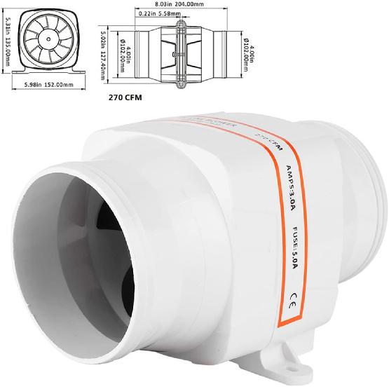 Aramox Marine Bilge Air Blower, 4inches In-Line Bilge DC Air Blower Engine Ventilation Fan White for Yacht RV (24V)