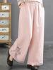 Tide Women's Spring Elastic Waist Cotton Linen Straight Leg Pants with Retro Embroidery