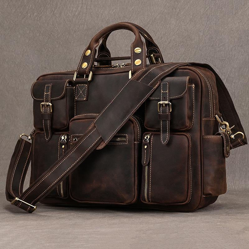 Vintage Crazy Horse Leather Travel Bag Men S Business Cowhide Briefcase Genuine Leather Portable Oblique Span Bag Briefcase
