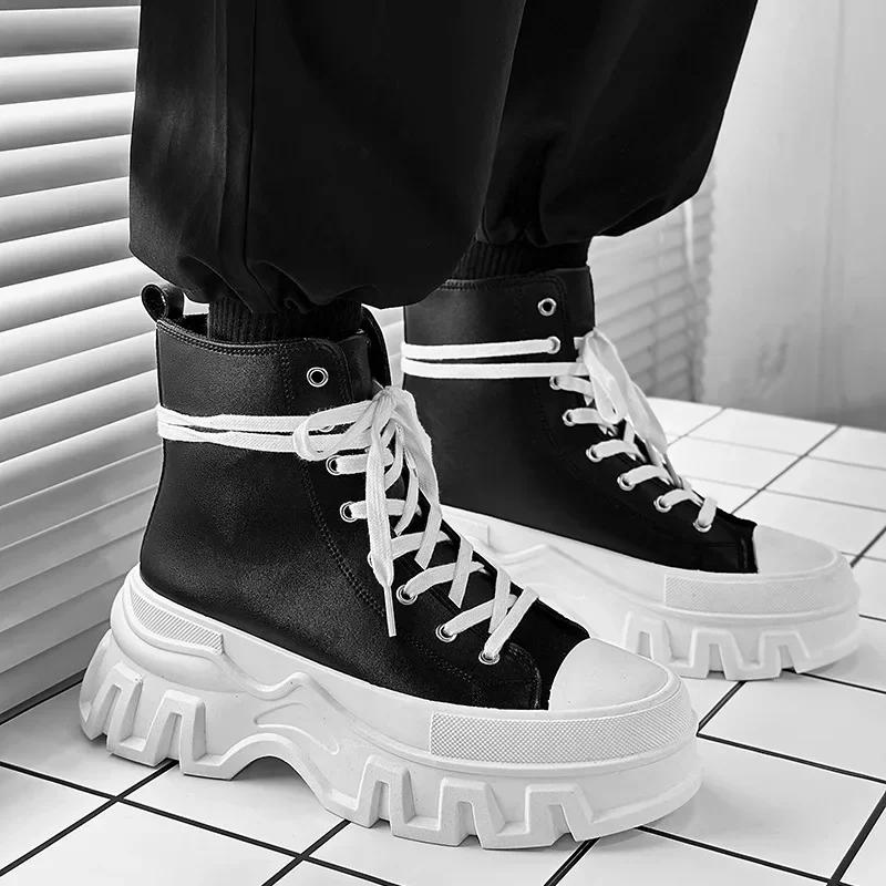 Fashion British Style Fashionable Motorcycle Boots High Top Lace Up Leather Boots 2024 Autumn/winter New Unisex Boots Men Ankle Botas