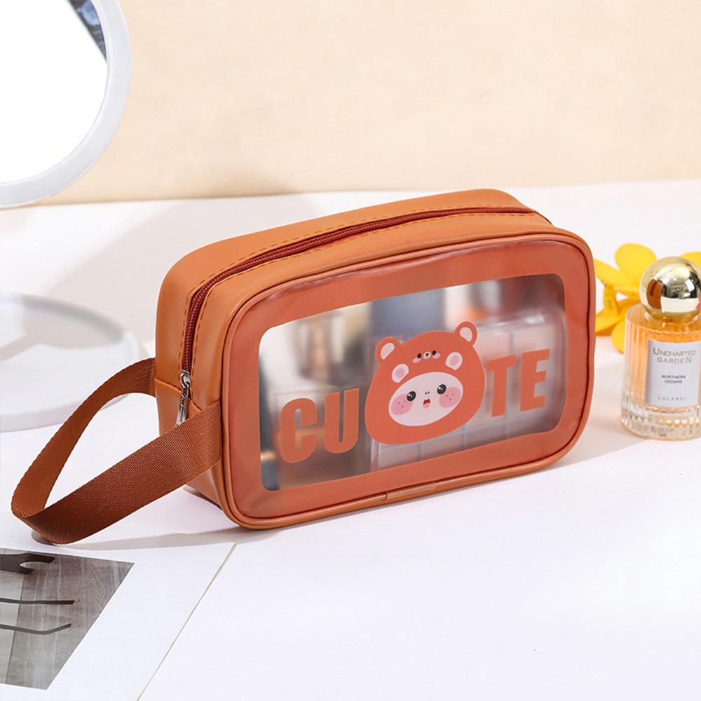 Portable PU Makeup Bag Transparent Large Capacity Travel Toiletry Pouch Cartoon Wet-Dry Separation Wash Bag for Women Girls