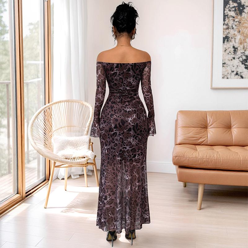 Nové Párty Elegantní Retro Styl Jednodélkové Šaty s Odkrytými Rameny a Dlouhým Rukávem ze Síťoviny s Leopardím Vzorem pro Ženy High-end