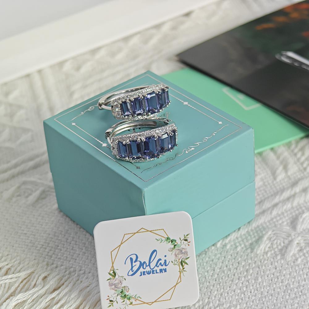 925 sterling silver women's clasp earrings natural octagonal iolite real gemstones Classic design fine jewelry for birthday wear