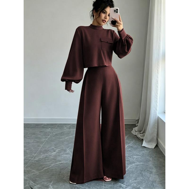 Spring and Autumn Solid Color Wide Leg Pants Set, Women's Loose Long Sleeve Short Top, Two Piece Set, Fashionable and Casual