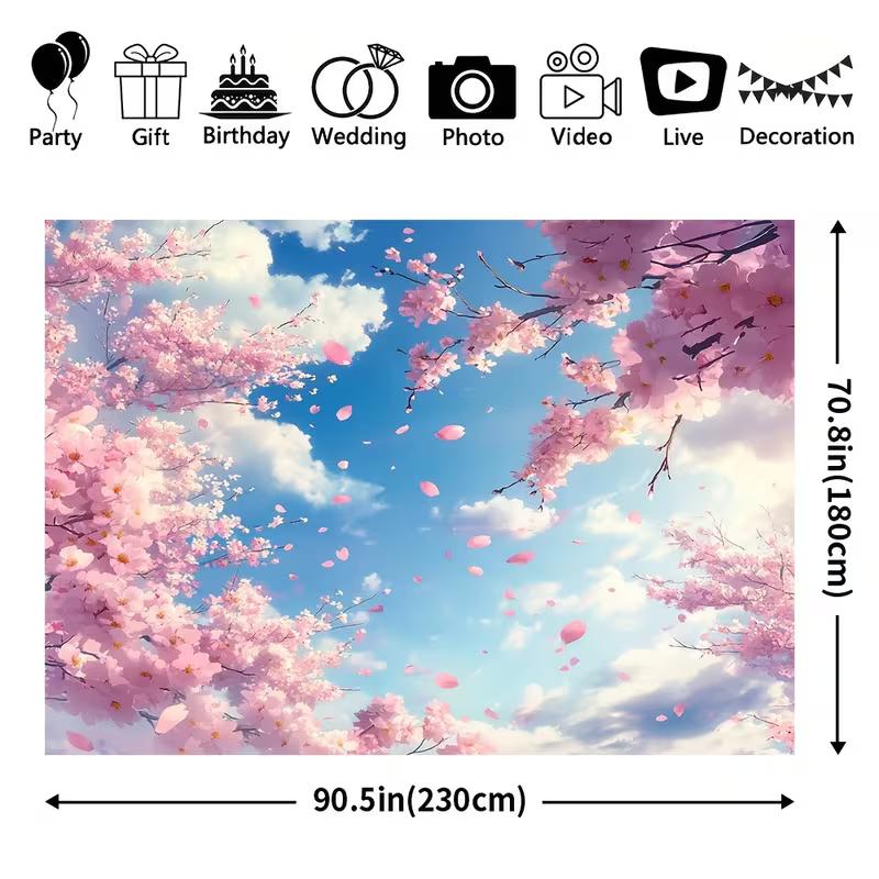 2D Pastel Cherry Blossom Tapestry Aesthetic Spring Sky Wall Art with Falling Sakura Petals