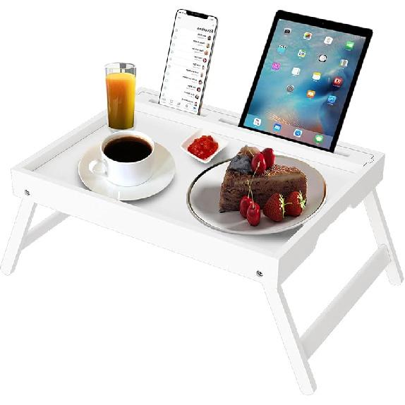 Artmeer Bamboo Bed Tray Table with Folding Legs, Phone/Tablet Holder, Foldable Breakfast Table, Laptop Desk (Black, Medium) Medium