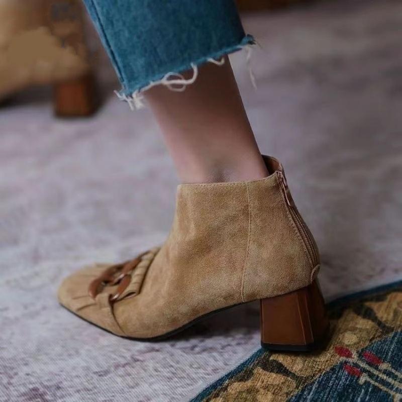 Mode Fransen High Heels Stiefeletten Damen Quadratische Zehen Wildlederschuhe Winter 2025 Trend Elegant Büroschuhe Retro Pumps Zapatos Mujer