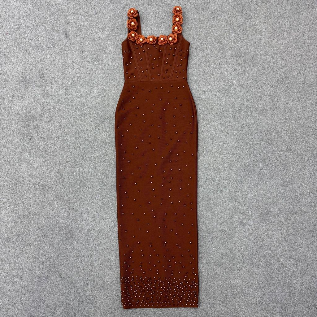 Elegante Vestido de Noite Bandage Quadrado com Alças Finas e Contas